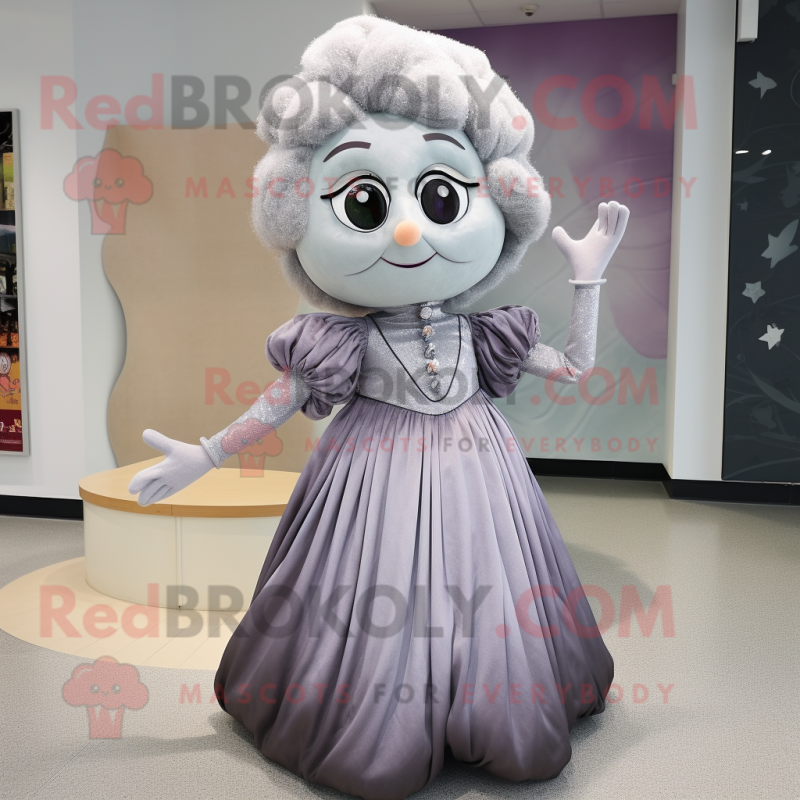 Silver Plum mascot costume character dressed with a Empire Waist Dress and Hair clips