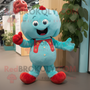 Turquoise Raspberry mascot costume character dressed with a Dungarees and Anklets