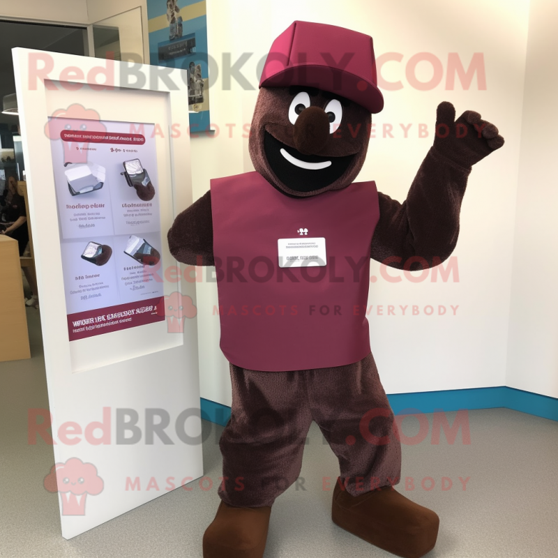 Maroon Chocolate Bar mascot costume character dressed with a Romper and Berets