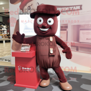 Maroon Chocolate Bar mascot costume character dressed with a Romper and Berets