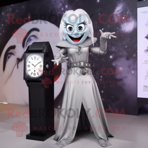 Silver Vampire mascot costume character dressed with a Sheath Dress and Smartwatches