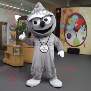 Gray Shakshuka mascot costume character dressed with a Jumpsuit and Keychains