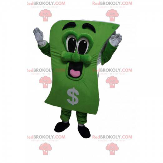 Zeer speelse bankbiljetmascotte. Bankbiljet kostuum -