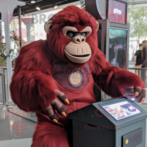 Maroon Orangutan mascot costume character dressed with a Tank Top and Gloves