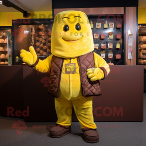 Lemon Yellow Chocolate Bar mascot costume character dressed with a Leather Jacket and Mittens