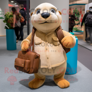 Tan Sea Lion mascot costume character dressed with a Chinos and Handbags