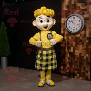 Lemon Yellow Irish Dancer mascot costume character dressed with a Flannel Shirt and Bracelet watches