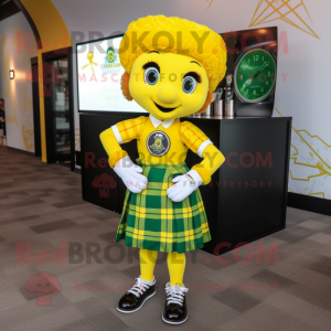 Lemon Yellow Irish Dancer mascot costume character dressed with a Flannel Shirt and Bracelet watches