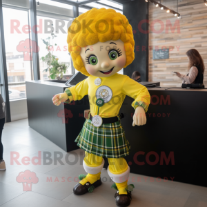 Lemon Yellow Irish Dancer mascot costume character dressed with a Flannel Shirt and Bracelet watches