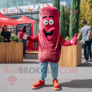 Magenta Currywurst mascot costume character dressed with a Denim Shirt and Anklets