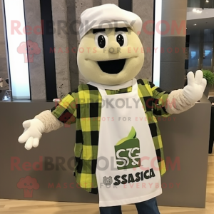 White Caesar Salad mascot costume character dressed with a Flannel Shirt and Necklaces