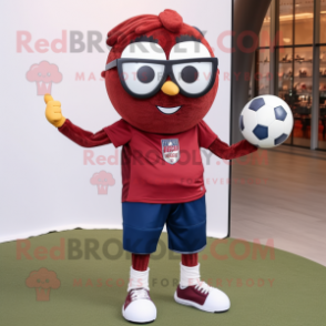 Maroon Soccer Ball mascot costume character dressed with a Flare Jeans and Eyeglasses