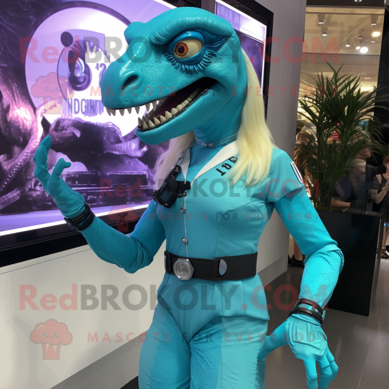 Cyan Velociraptor mascot costume character dressed with a Shift Dress and Smartwatches