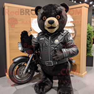 Black Bear mascot costume character dressed with a Moto Jacket and Belts