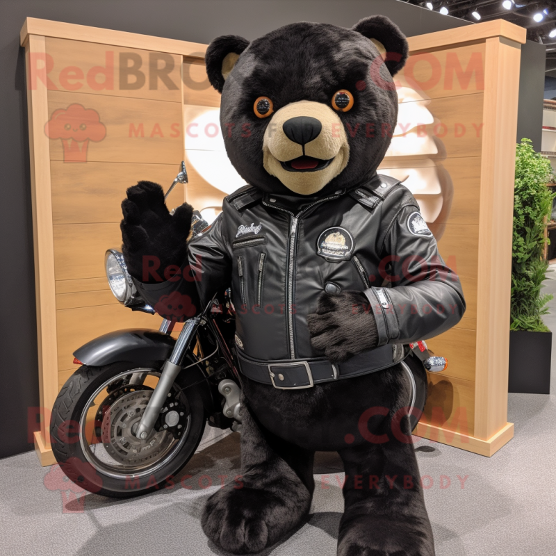 Black Bear mascot costume character dressed with a Moto Jacket and Belts