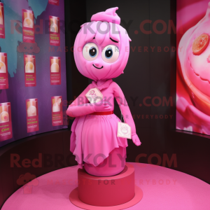 Pink Scented Candle mascot costume character dressed with a Wrap Skirt and Bracelet watches