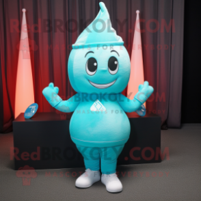 Turquoise Ice mascot costume character dressed with a Yoga Pants and Hats