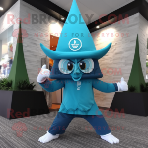 Turquoise Ice mascot costume character dressed with a Yoga Pants and Hats
