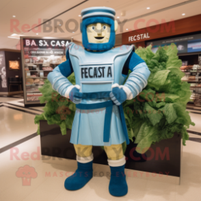 Blue Caesar Salad mascot costume character dressed with a Rash Guard and Belts