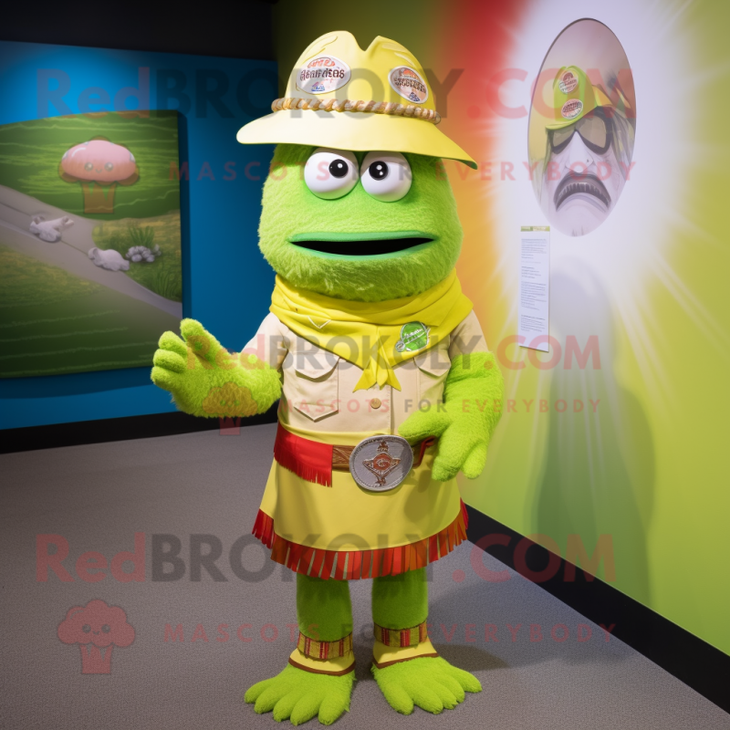 Lime Green Chief mascot costume character dressed with a Polo Shirt and Cummerbunds