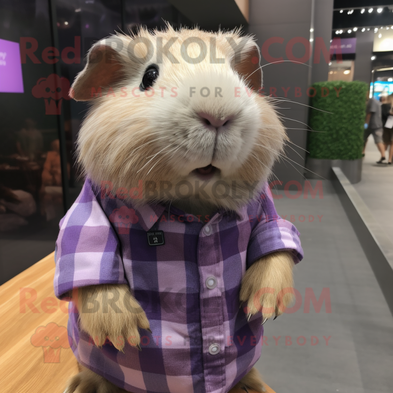 Lavender Guinea Pig mascot costume character dressed with a Flannel Shirt and Lapel pins