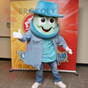 Turquoise Pizza Slice mascot costume character dressed with a Chambray Shirt and Hat pins