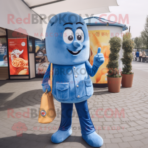 Blue Currywurst mascot costume character dressed with a Flare Jeans and Coin purses