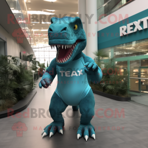 Teal T Rex mascot costume character dressed with a Running Shorts and Gloves