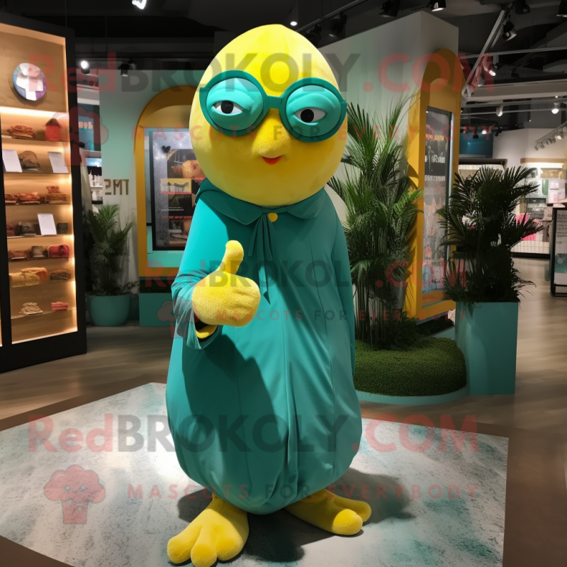 Teal Lemon mascot costume character dressed with a Wrap Dress and Eyeglasses