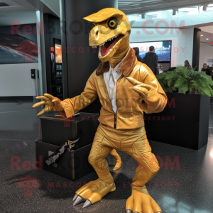 Gold Velociraptor mascot costume character dressed with a Jacket and Briefcases