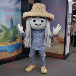 Gray Pad Thai mascot costume character dressed with a Flare Jeans and Hats