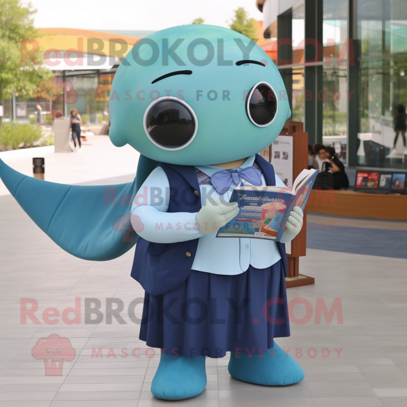 Olive Blue Whale mascot costume character dressed with a Dress Shirt and Reading glasses