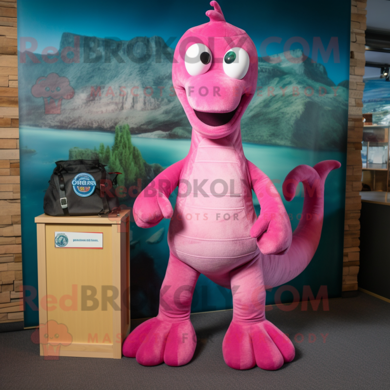 Magenta Loch Ness Monster mascot costume character dressed with a Denim ...