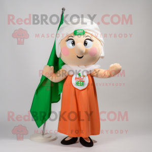 Peach Irish Flag mascot costume character dressed with a Empire Waist Dress and Scarf clips