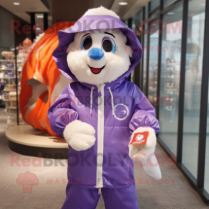 Lavender Momentum mascot costume character dressed with a Windbreaker and Coin purses