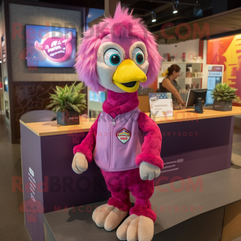 Magenta Gosling mascot costume character dressed with a Corduroy Pants and Hair clips