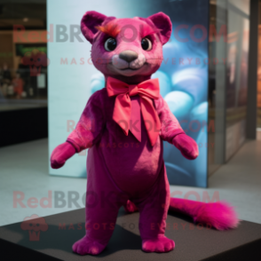 Magenta Jaguarundi mascot costume character dressed with a Skirt and Bow ties