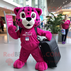 Magenta Jaguar mascot costume character dressed with a Henley Tee and Messenger bags