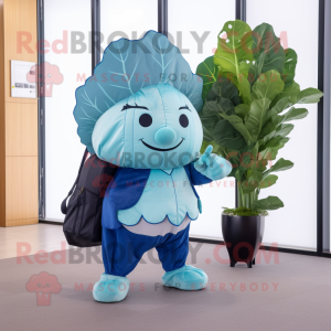 Blue Cabbage Leaf mascot costume character dressed with a Capri Pants and Briefcases