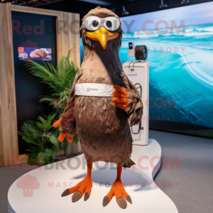 Brown Gull mascot costume character dressed with a Board Shorts and Smartwatches