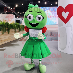 Green Love Letter mascot costume character dressed with a Midi Dress and Gloves