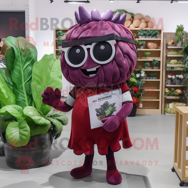 Maroon Cabbage mascot costume character dressed with a Sheath Dress and Reading glasses