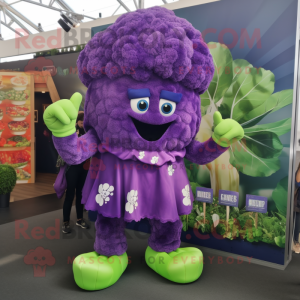 Purple Broccoli mascot costume character dressed with a A-Line Dress and Earrings