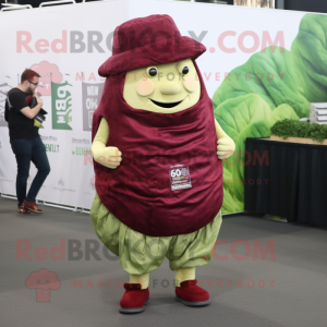 Maroon Corned Beef And Cabbage mascot costume character dressed with a Vest and Foot pads