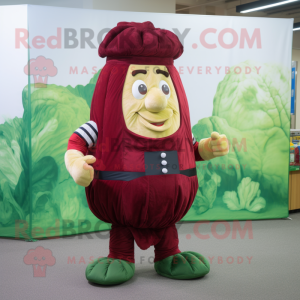 Maroon Corned Beef And Cabbage mascot costume character dressed with a Vest and Foot pads