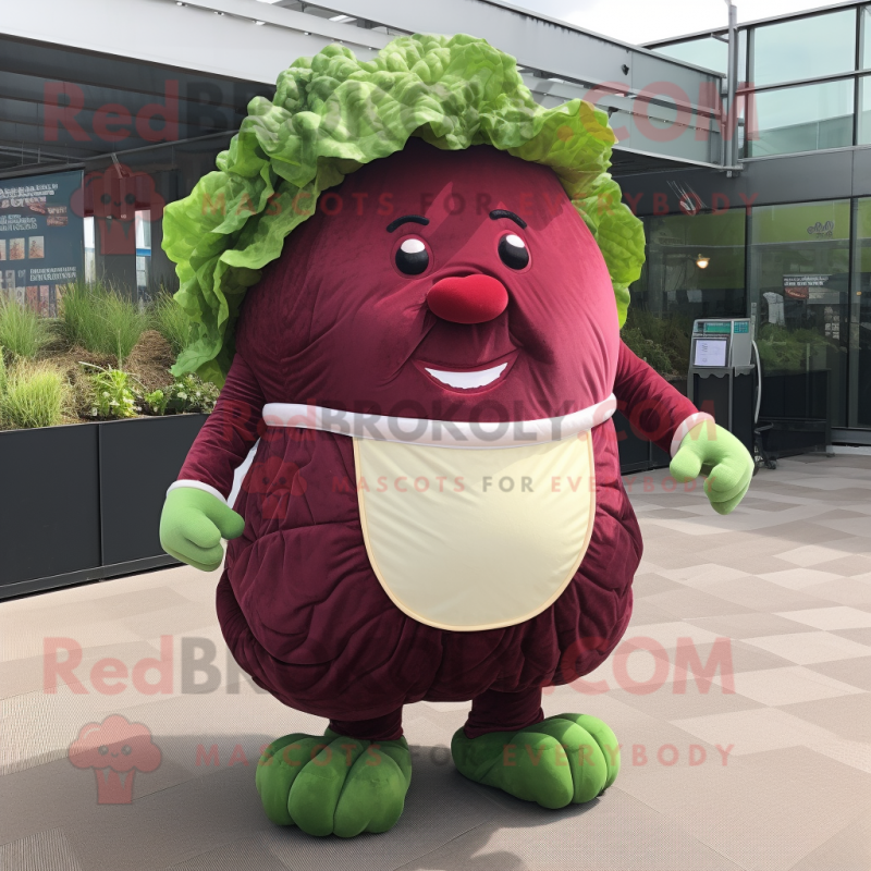 Maroon Corned Beef And Cabbage mascot costume character dressed with a Vest and Foot pads