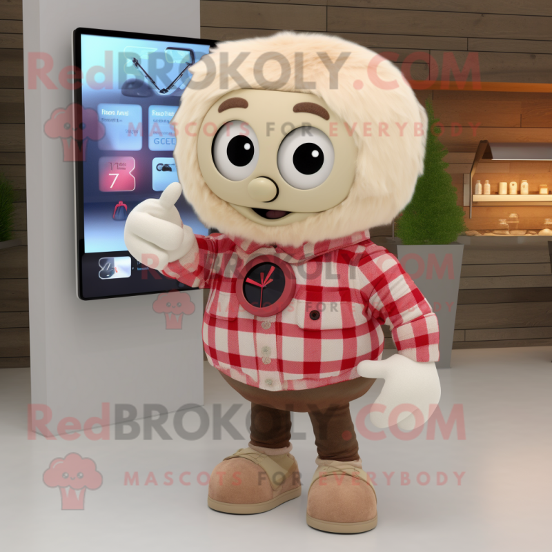 Beige Raspberry mascot costume character dressed with a Flannel Shirt and Digital watches