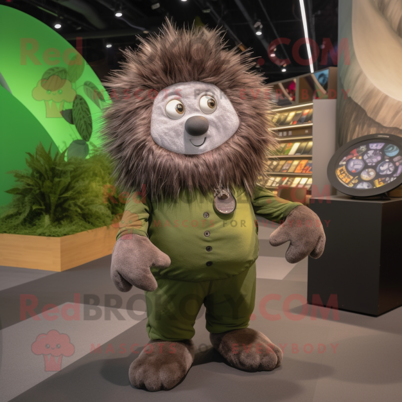 Olive Porcupine mascot costume character dressed with a Overalls and Coin purses