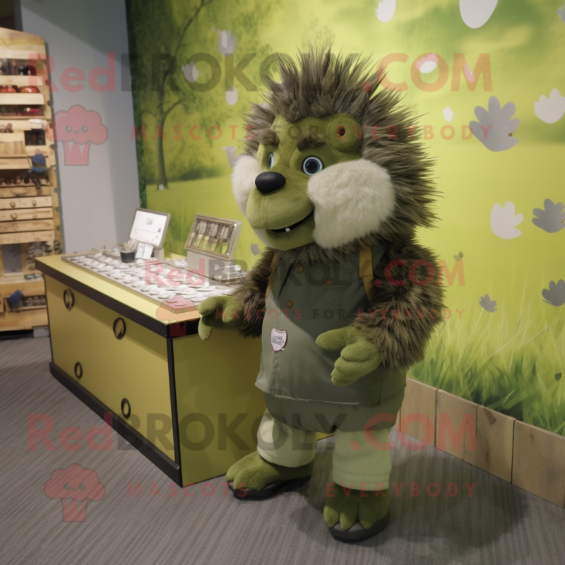 Olive Porcupine mascot costume character dressed with a Overalls and Coin purses