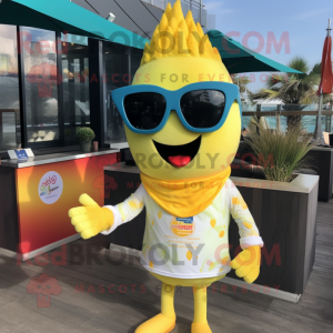 Yellow Ceviche mascot costume character dressed with a Long Sleeve Tee and Sunglasses